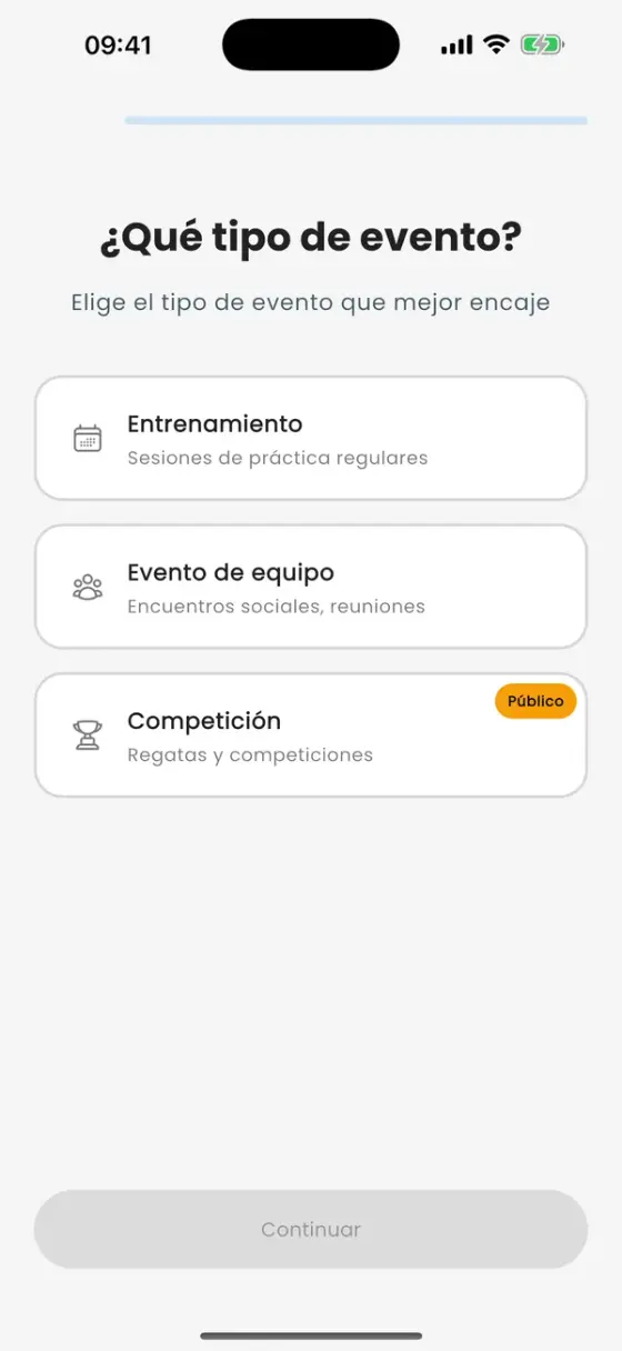 Pantalla ¿Qué tipo de evento? con Entrenamiento, Evento de equipo y Competición