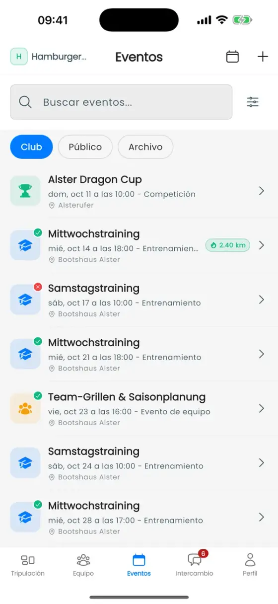 Pestaña Eventos, lista del club con próximos entrenamientos, un evento de equipo y una competición