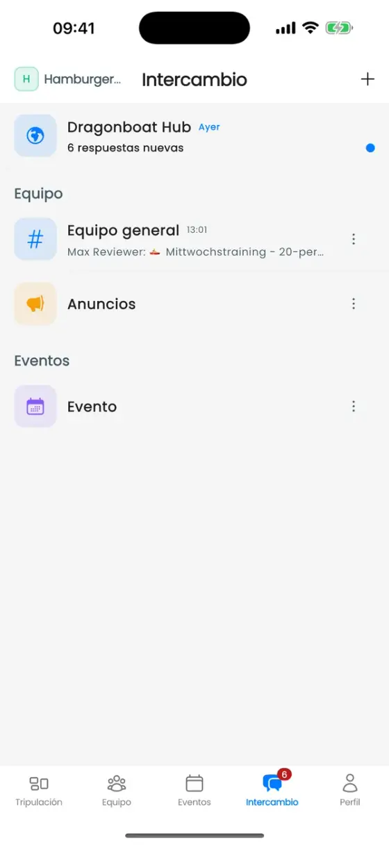 Pestaña Intercambio con Dragonboat Hub, Equipo general, Anuncios y un canal de evento