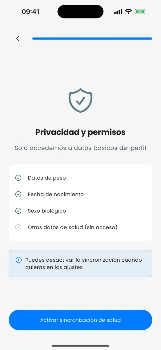Pantalla Privacidad y permisos con peso, fecha de nacimiento y sexo biológico
