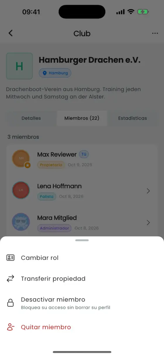 Hoja de acciones de un miembro con Cambiar rol, Transferir propiedad, Desactivar miembro y Quitar miembro