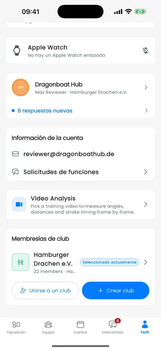 Pestaña Perfil desplazada hasta la tarjeta Membresías de club