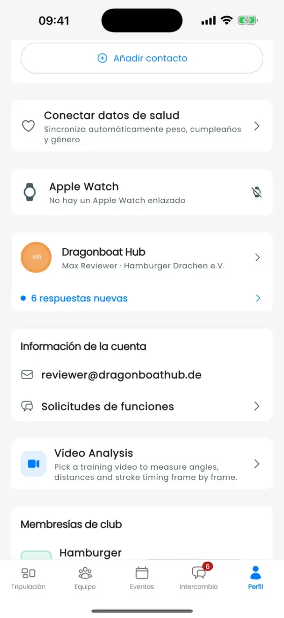 Perfil con la tarjeta Conectar datos de salud y la tarjeta Apple Watch