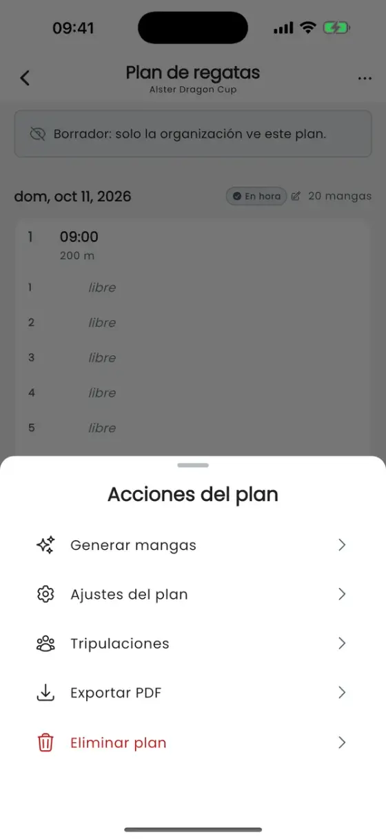 Hoja de acciones del plan con Generar mangas, Ajustes del plan, Tripulaciones, Exportar PDF y Eliminar plan