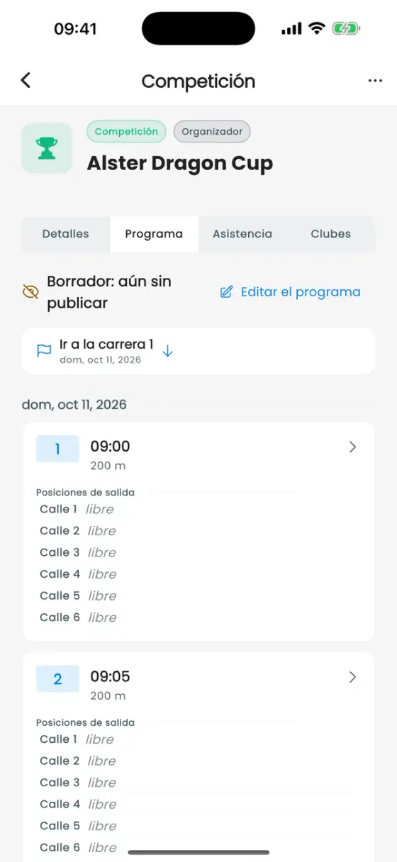 Pestaña Programa de una competición con mangas y calles