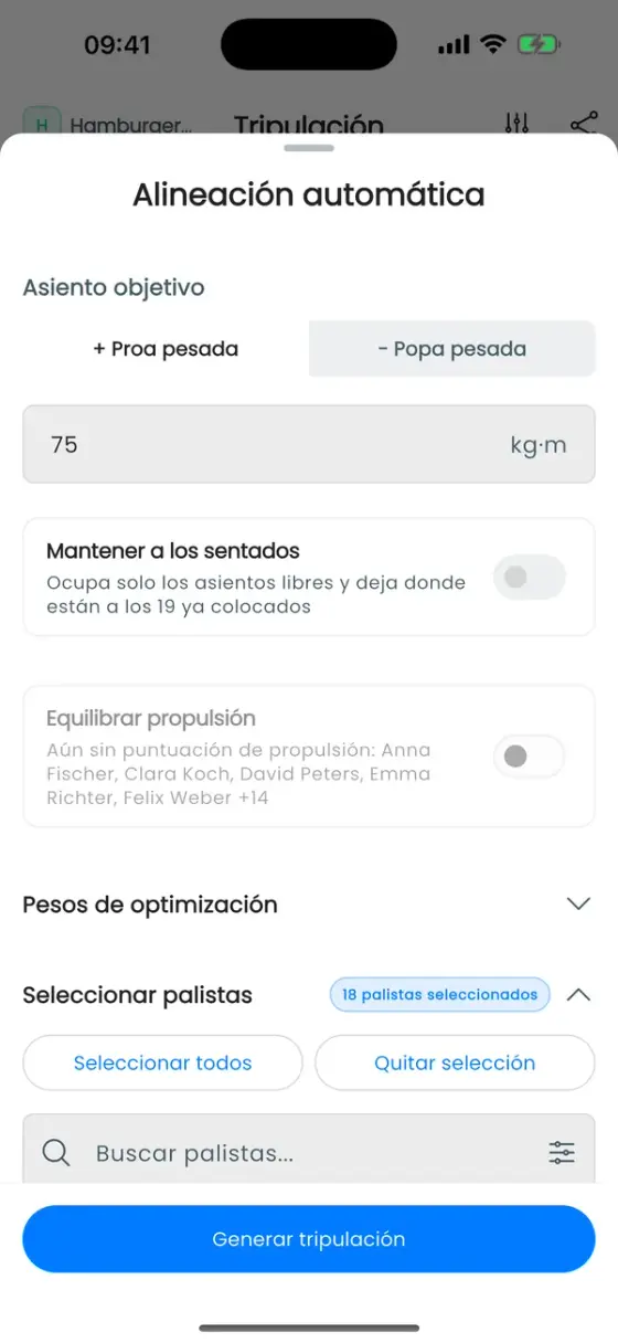 Hoja de Alineación automática con asiento objetivo, Mantener a los sentados, Equilibrar propulsión y Seleccionar palistas