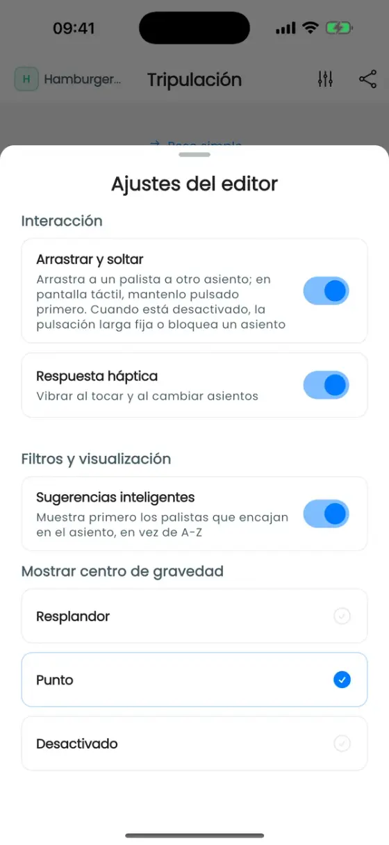 Hoja Ajustes del editor con arrastrar y soltar, respuesta háptica, sugerencias inteligentes y opciones de centro de gravedad