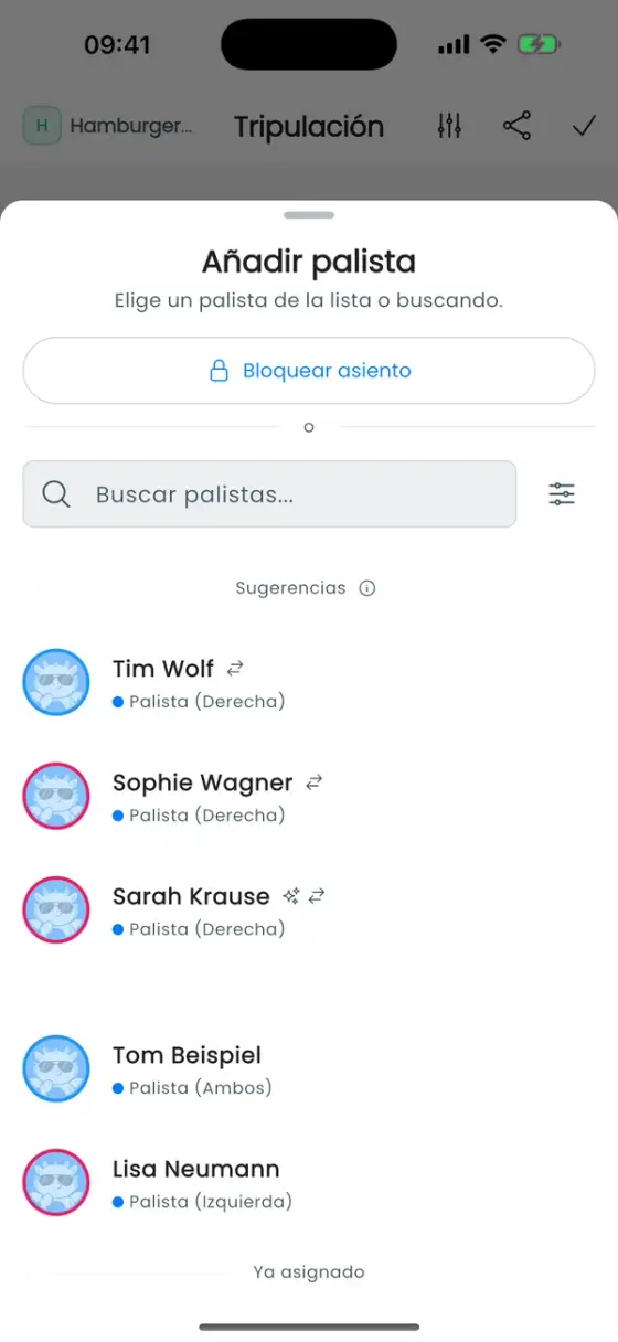 Hoja de un asiento vacío con Bloquear asiento arriba y palistas sugeridos debajo