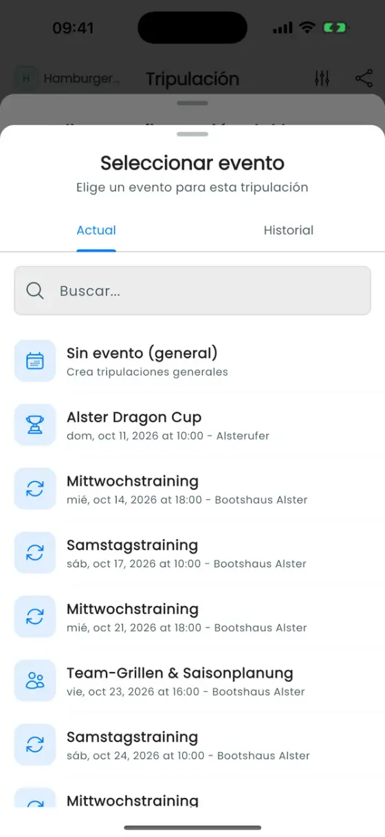 Hoja Seleccionar evento con las pestañas Actual e Historial