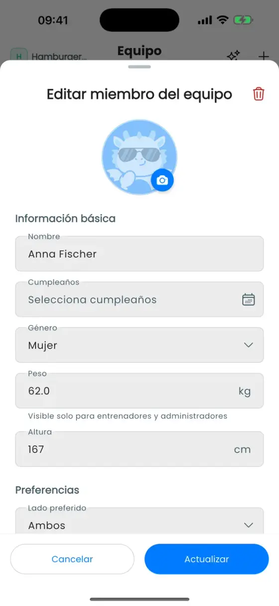 Hoja Editar miembro del equipo con foto, nombre, cumpleaños, género, peso y altura