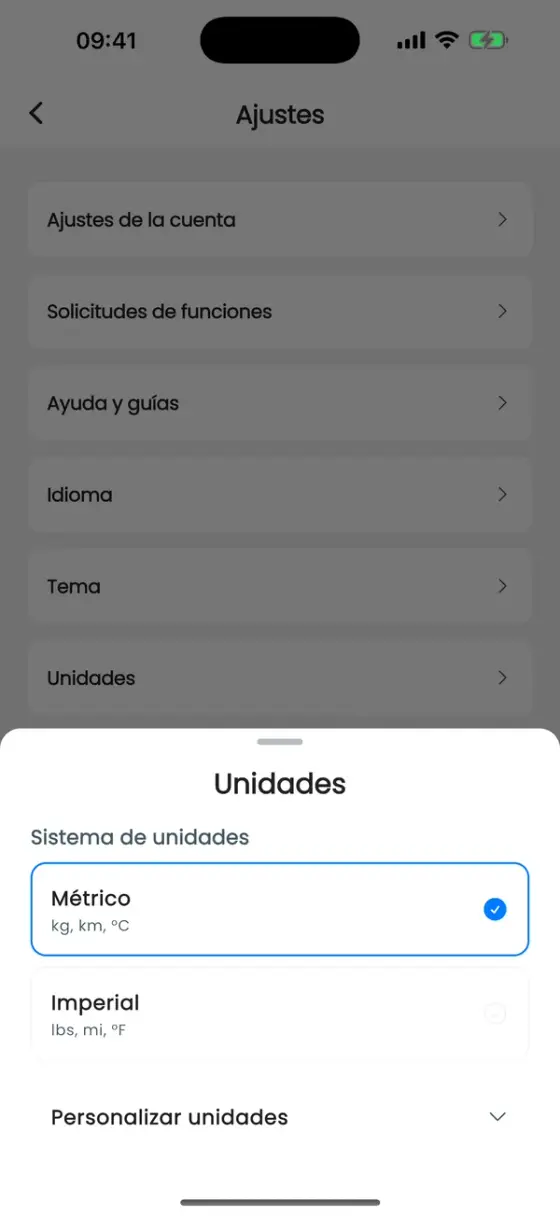 Hoja de unidades con Métrico e Imperial y una sección Personalizar unidades