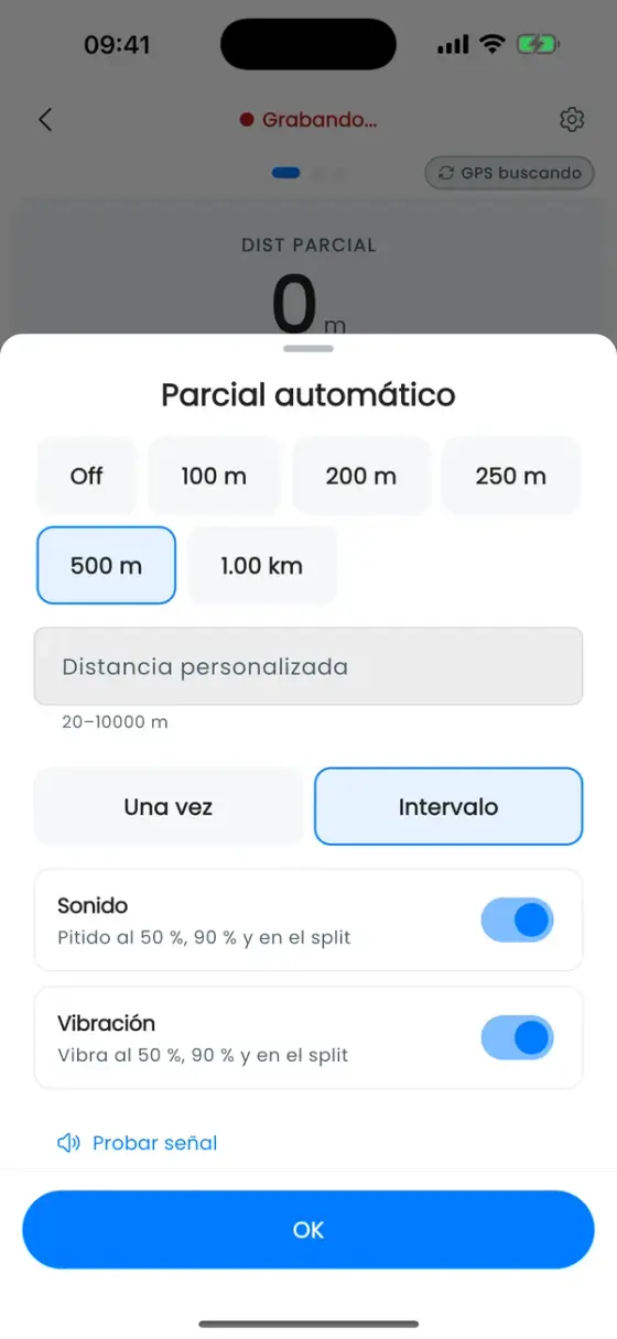 Hoja Parcial automático con las opciones de distancia, 500 m seleccionado, distancia personalizada, Intervalo y Una vez, e interruptores para sonido y vibración
