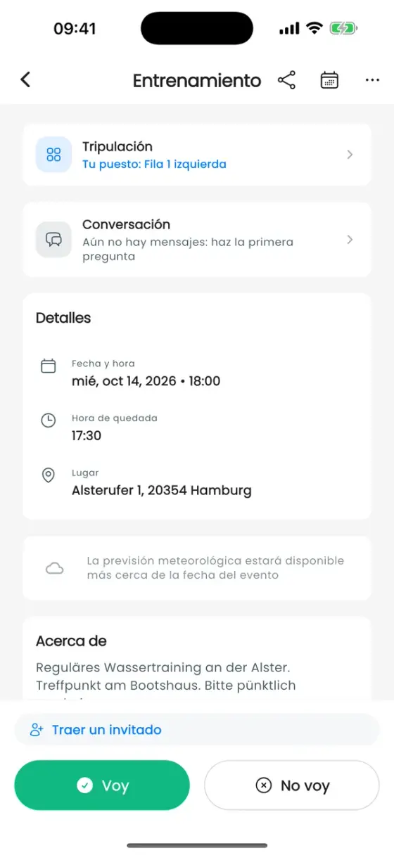 Página de detalle del entrenamiento con la tarjeta Empezar entrenamiento