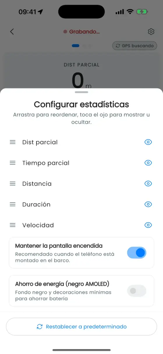 Hoja para reordenar y ocultar valores en vivo, con Mantener la pantalla encendida y un modo de ahorro de energía