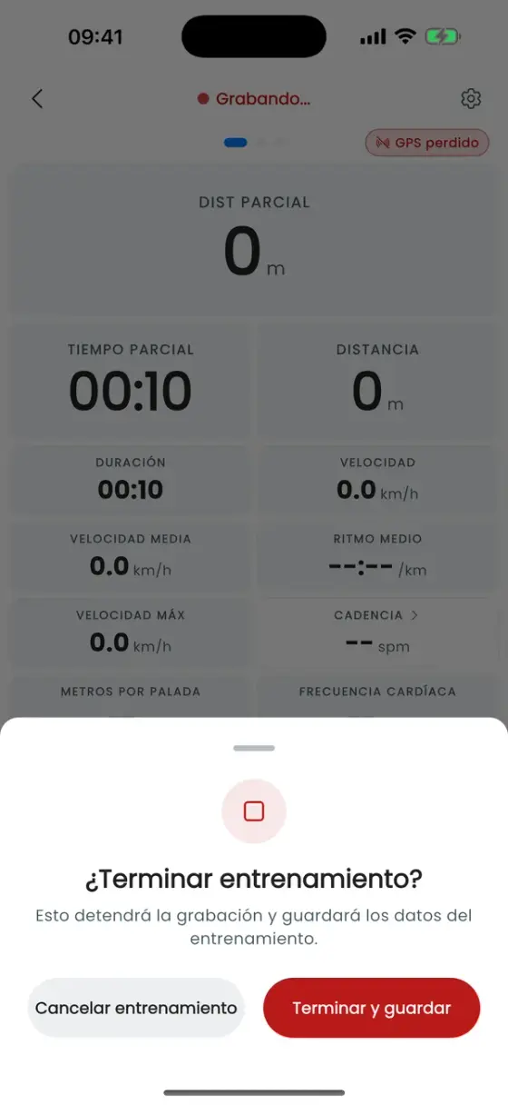 Hoja ¿Terminar entrenamiento? con Terminar y guardar