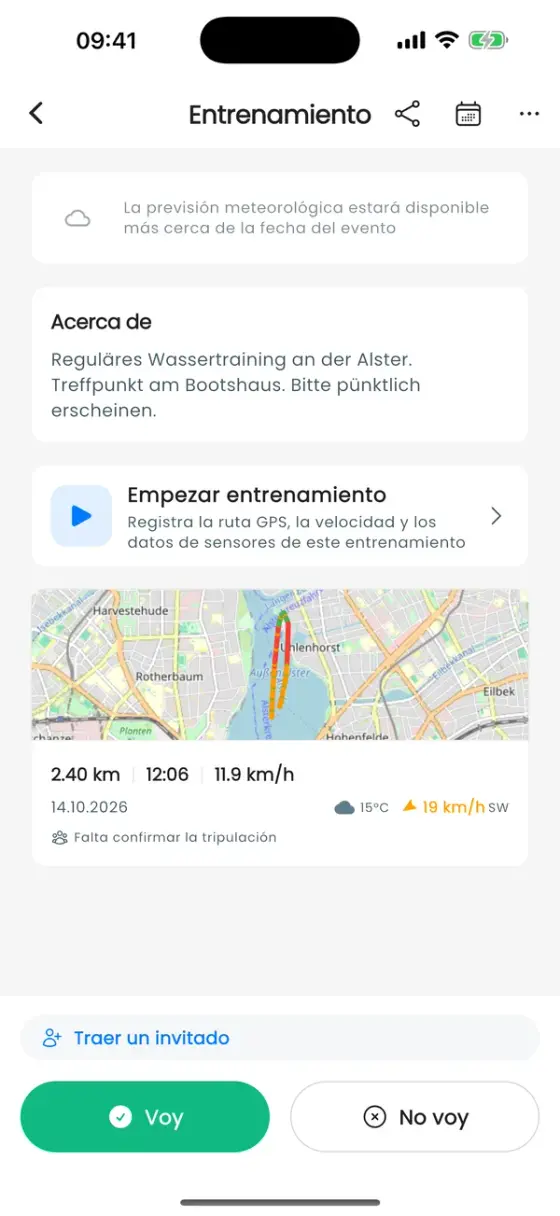 Página del entrenamiento con una tarjeta con miniatura de la ruta, 2,40 km, 12:06 y 11,9 km/h