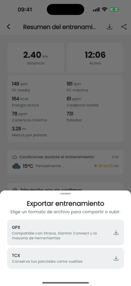 Hoja Exportar entrenamiento con GPX y TCX
