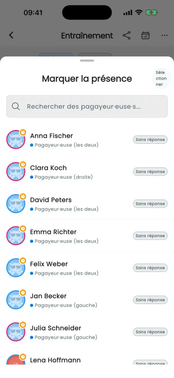 Feuille Marquer la présence listant tous les pagayeur·euse·s avec le statut Sans réponse