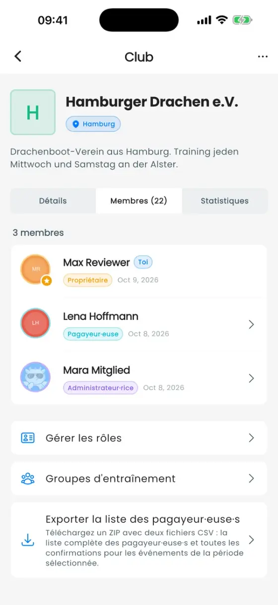 Écran du club, onglet Membres, listant les membres avec badges de rôle et, en bas, les lignes Gérer les rôles, Groupes d'entraînement et Exporter la liste