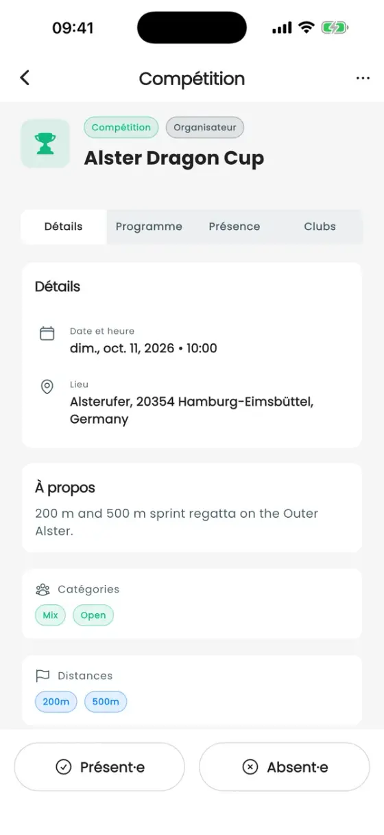 Page de détail d'une compétition avec date, lieu, classes et distances