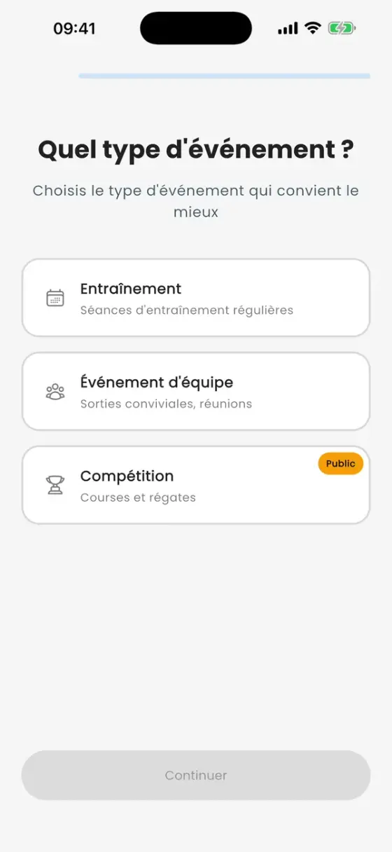 Écran Quel type d'événement avec Entraînement, Événement d'équipe et Compétition