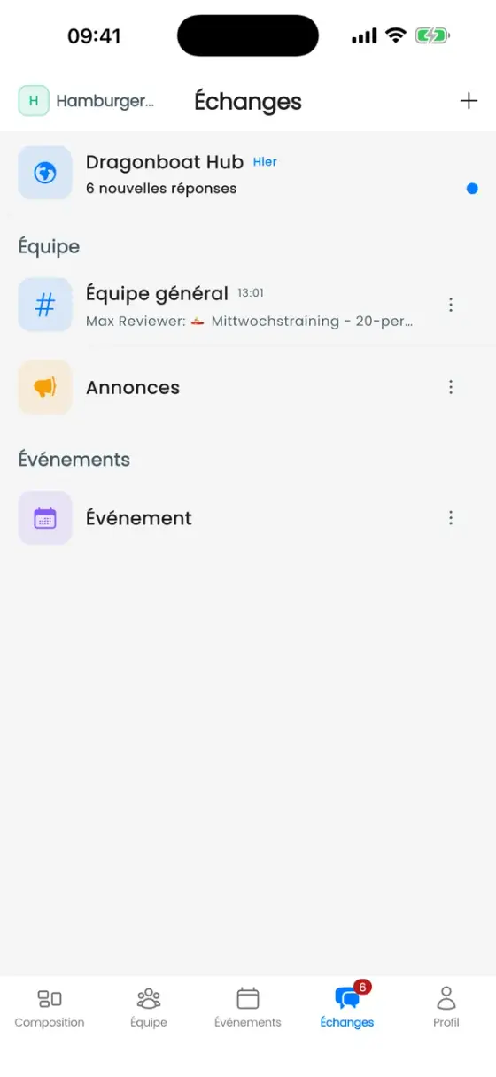Onglet Échanges avec Dragonboat Hub, Équipe général, Annonces et un canal d'événement