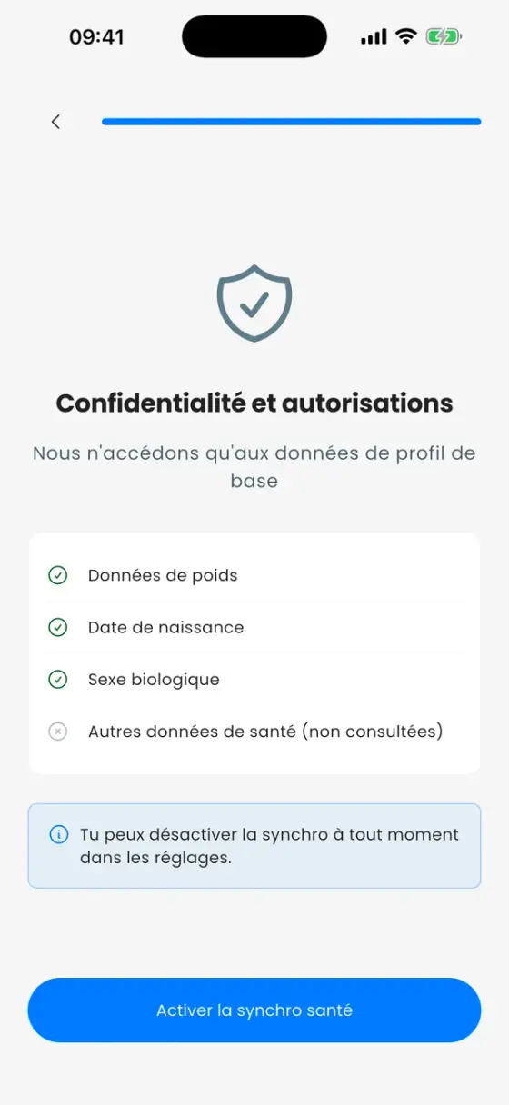 Écran Confidentialité et autorisations listant le poids, la date de naissance et le sexe biologique