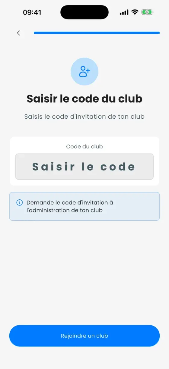 L'écran Saisir le code du club avec un champ de code et un bouton Rejoindre un club