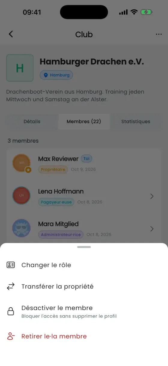 Feuille d'actions d'un membre avec Changer le rôle, Transférer la propriété, Désactiver le membre et Retirer le membre