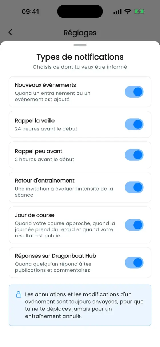 Feuille Types de notifications avec des interrupteurs pour nouveaux événements, rappels, retour d'entraînement, jour de course et réponses du Hub