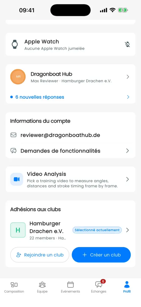 Onglet Profil défilé jusqu'à la carte Adhésions aux clubs