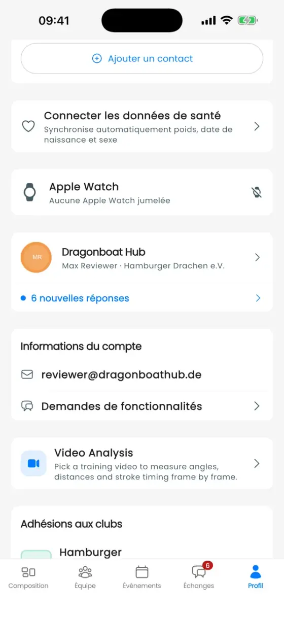 Profil avec la carte Connecter les données de santé et la carte Apple Watch