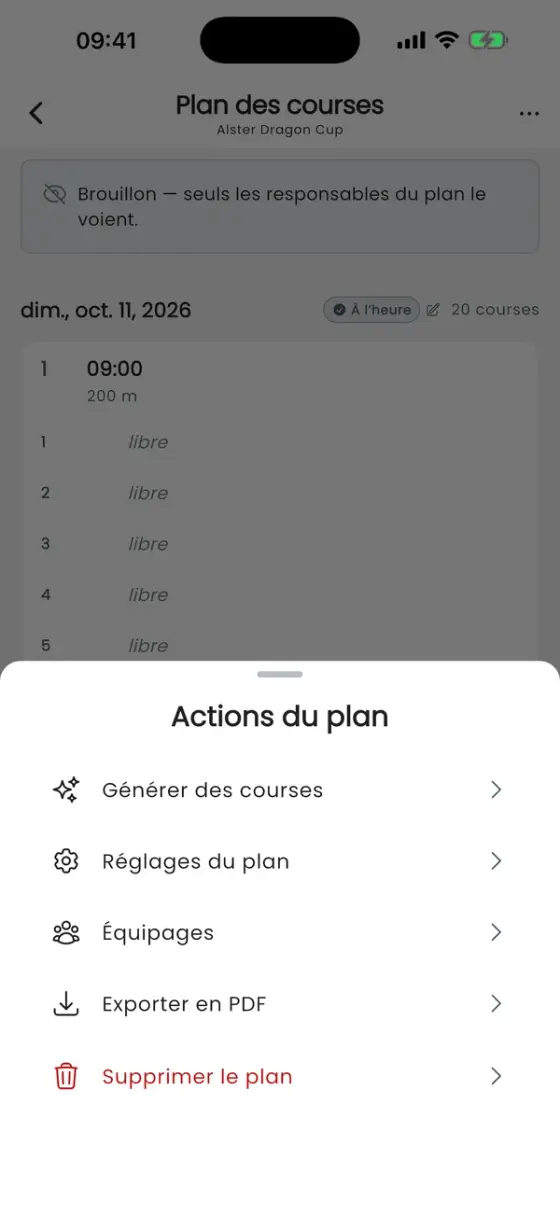 Feuille d'actions du plan avec Générer des courses, Réglages du plan, Équipages, Exporter en PDF et Supprimer le plan