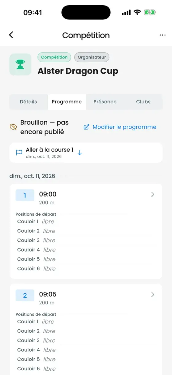 Onglet Programme d'une compétition avec courses et couloirs