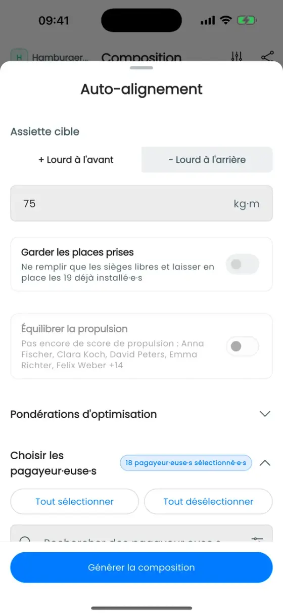 Feuille Auto-alignement avec assiette cible, Garder les places prises, Équilibrer la propulsion et Choisir les pagayeur·euse·s