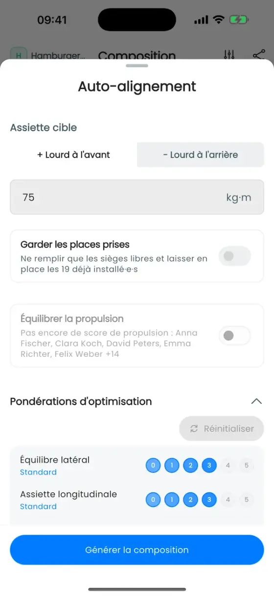 Section Pondérations d'optimisation avec cinq règles, toutes réglées sur Standard