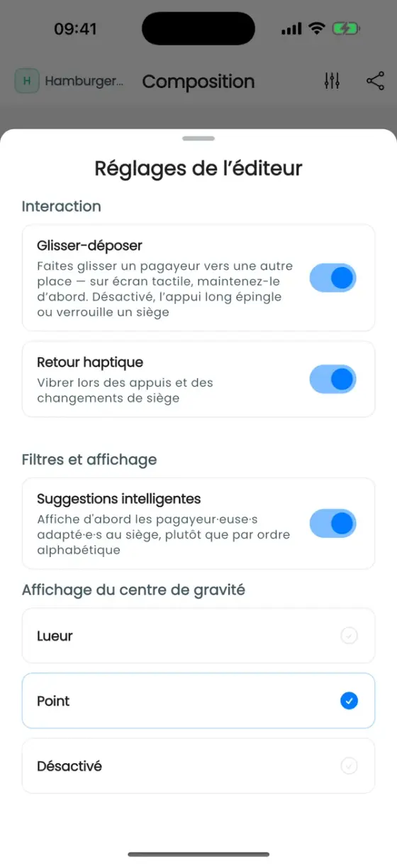 Feuille Réglages de l'éditeur avec glisser-déposer, retour haptique, suggestions intelligentes et affichage du centre de gravité