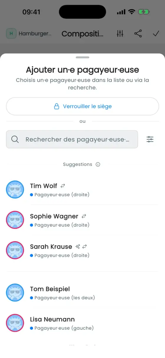 Feuille d'une place vide avec Verrouiller le siège en haut et les pagayeur·euse·s suggérés en dessous