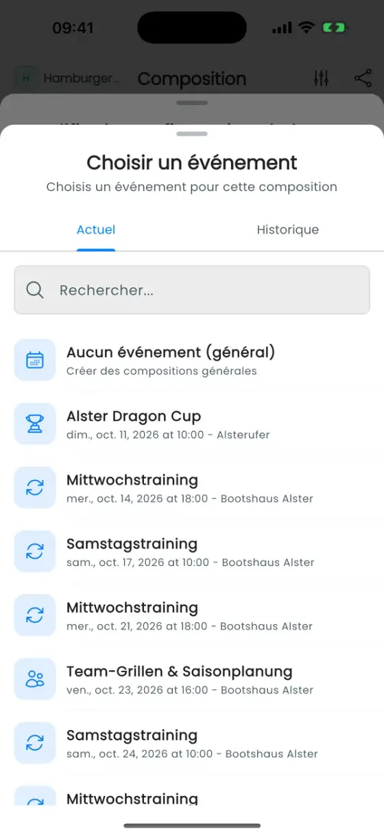 Feuille Choisir un événement avec les onglets Actuel et Historique