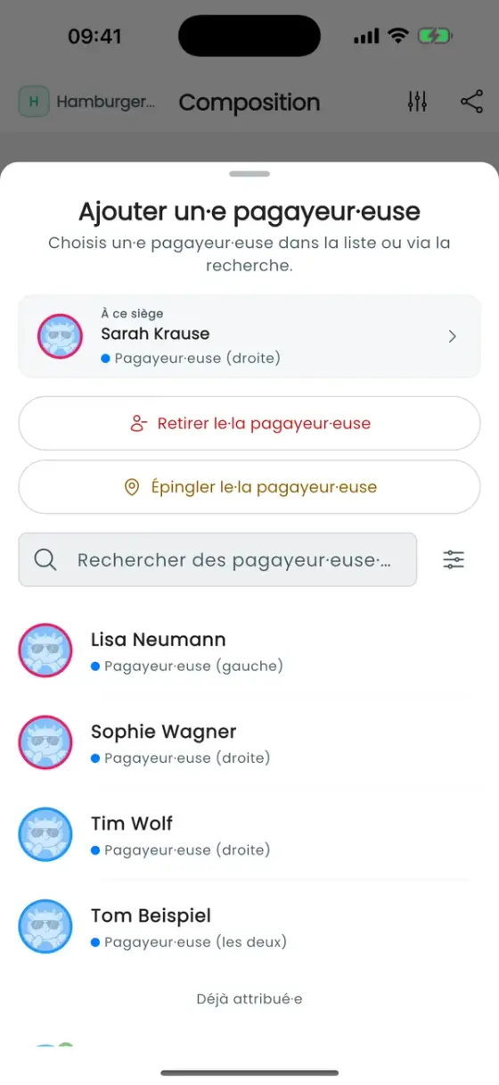 Feuille d'une place occupée avec Retirer le·la pagayeur·euse et Épingler le·la pagayeur·euse