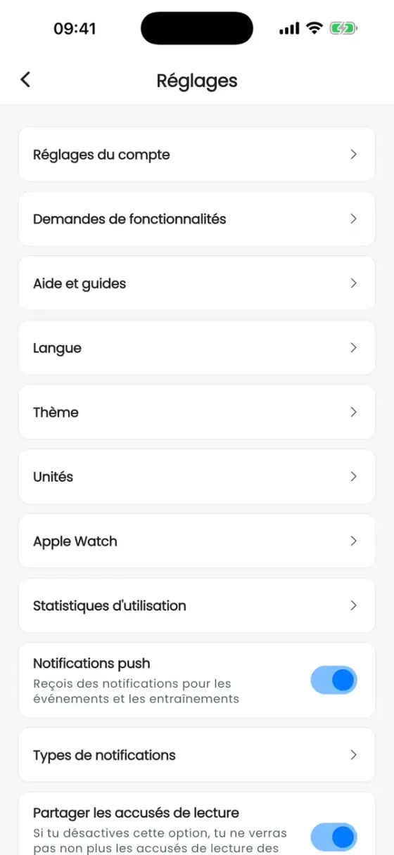 Écran des réglages avec Réglages du compte, Demandes de fonctionnalités, Aide et guides, Langue, Thème, Unités et options de notification