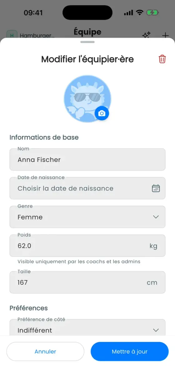 Feuille Modifier le membre de l'équipe avec photo, nom, date de naissance, genre, poids et taille