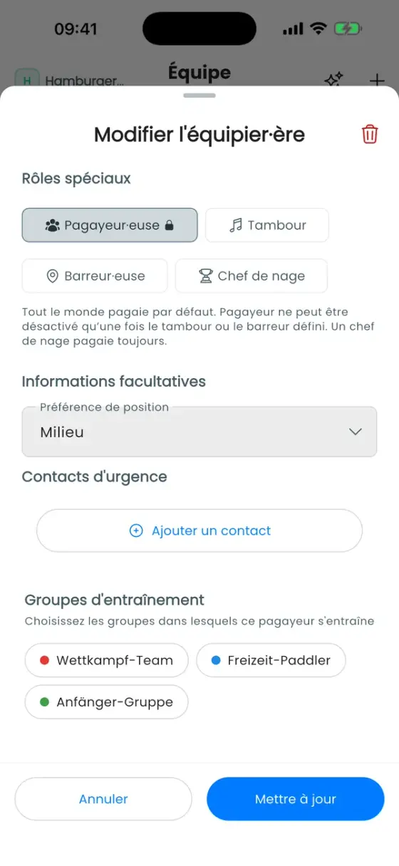 Section Rôles spéciaux avec Pagayeur·euse, Tambour, Barreur·euse et Chef de nage, et la préférence de position