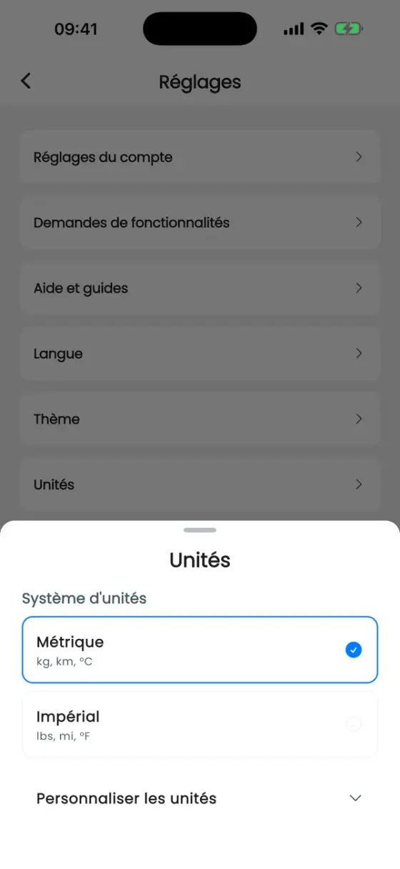 Feuille Unités avec Métrique et Impérial et une section Personnaliser les unités