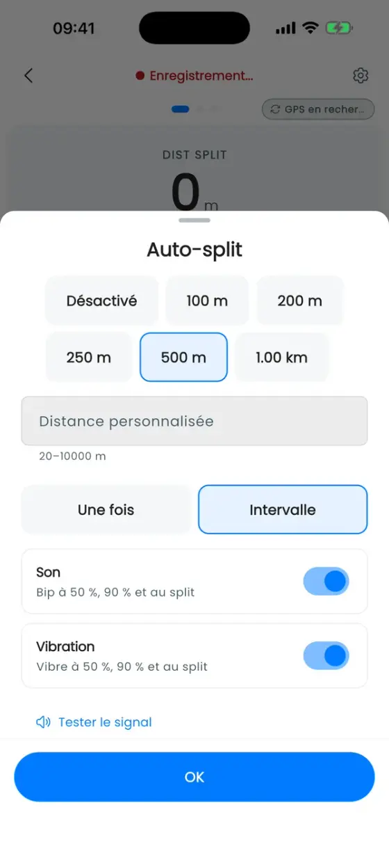 Feuille Auto-split avec les options de distance, 500 m sélectionné, la distance personnalisée, Intervalle et Une fois, et les interrupteurs pour le son et la vibration