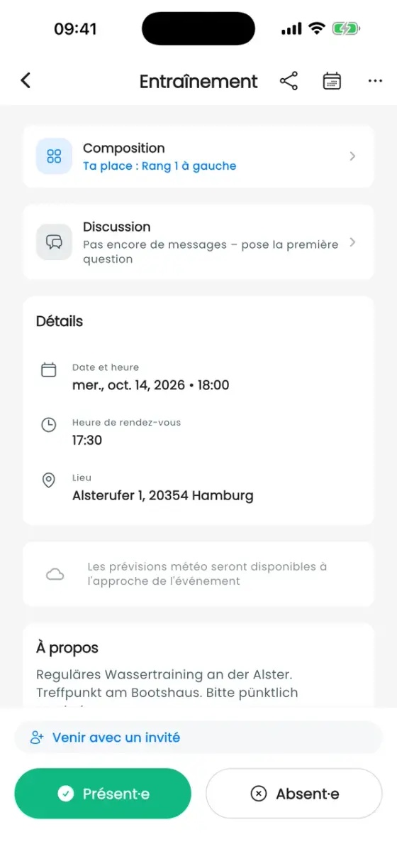 Page de détail d'un entraînement avec la carte Démarrer l'entraînement