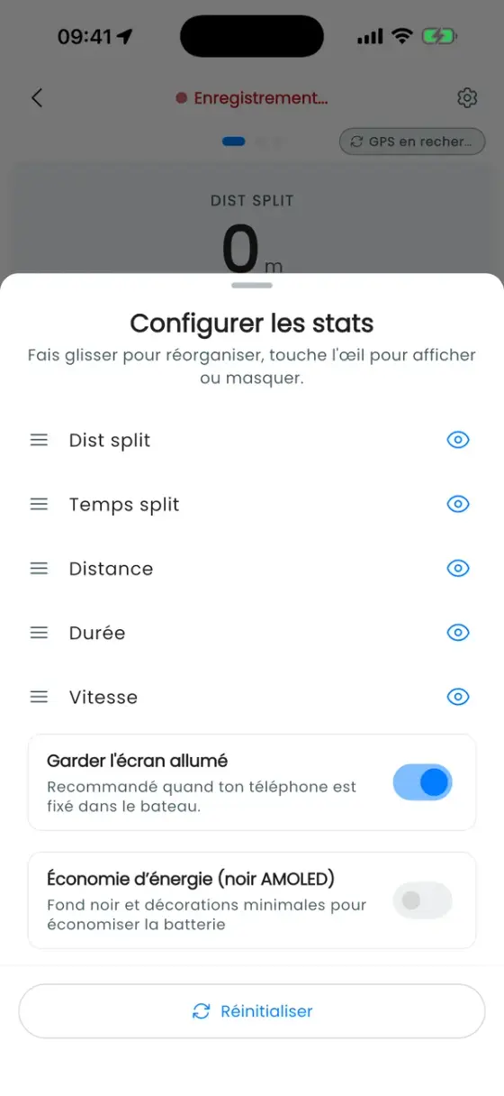 Feuille pour réorganiser et masquer les chiffres en direct, avec Garder l'écran allumé et un mode économie d'énergie