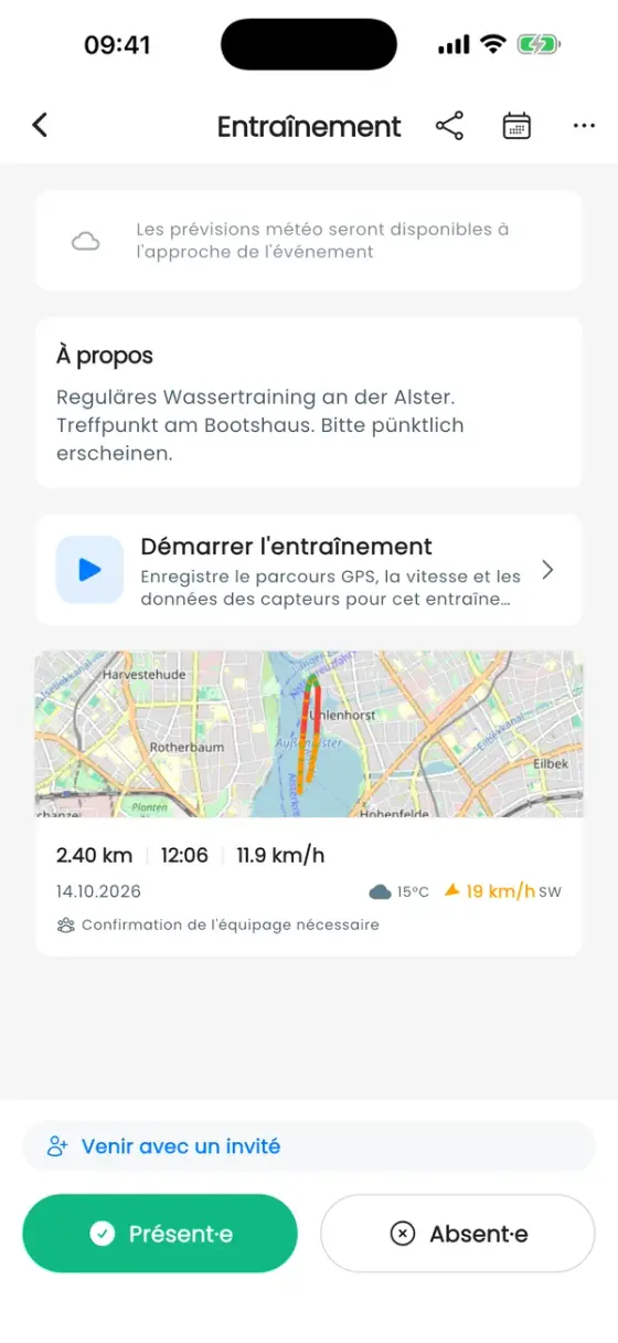 Page d'entraînement avec une carte de séance montrant la miniature du parcours, 2,40 km, 12:06 et 11,9 km/h