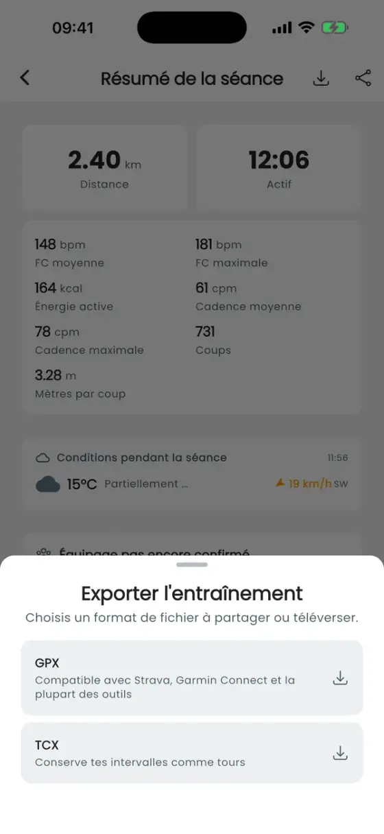 Feuille Exporter la séance avec GPX et TCX