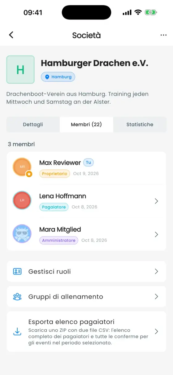 Schermata della società, scheda Membri, con i membri e i badge dei ruoli e sotto le righe Gestisci ruoli, Gruppi di allenamento ed Esporta elenco pagaiatori